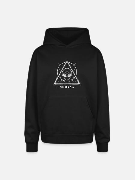 Alien Symbol We See All Cosmic Mystery Tee - Oversized Hooded Sweatshirt - black