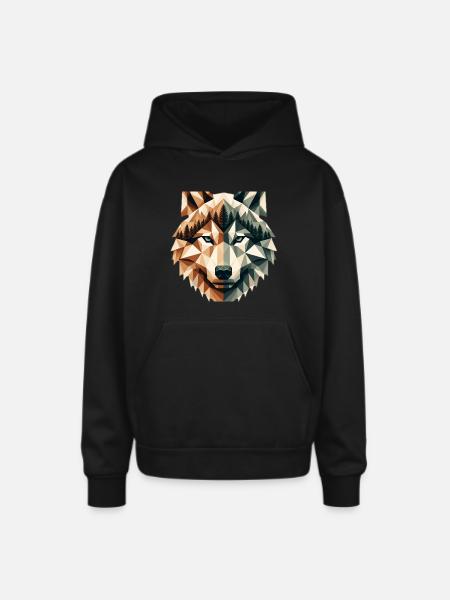 Geometric Wolf Over Peaks - Oversized Hooded Sweatshirt - black
