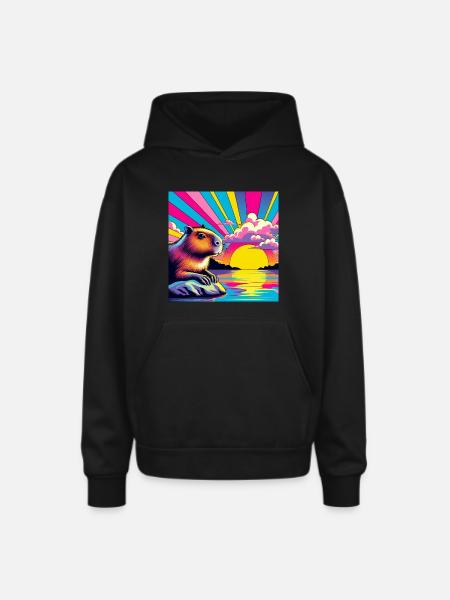 Neon Sunset Guinea Pig - Oversized Hooded Sweatshirt - black