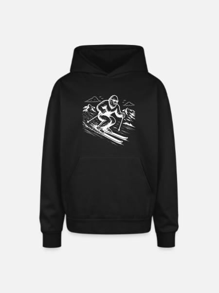 Bigfoot Sasquatch Skier in the Mountains - Oversized Hooded Sweatshirt - black