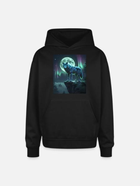 Mystical Wolf Under Moonlight - Oversized Hooded Sweatshirt - black
