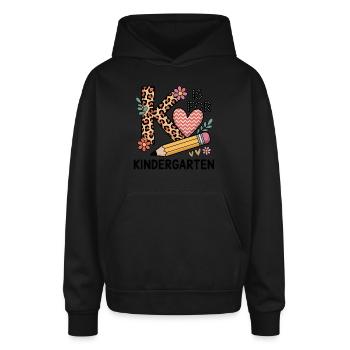 K Is For Kindergarten Teacher Leopard First Day - Oversized Hooded Sweatshirt - black - Front - AI Model Male 185 light (185cm)
