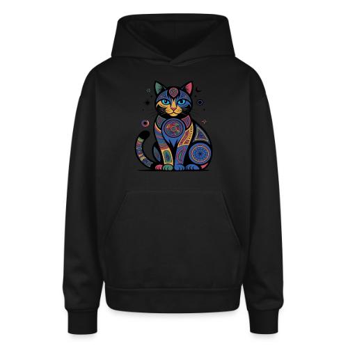 Vibrant Geometric Cat Mandala - Oversized Hooded Sweatshirt