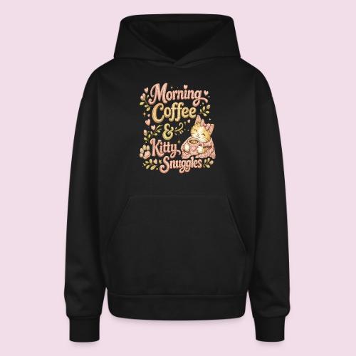 Morning Coffee & Kitty Snuggles Faux Stitched - Oversized Hooded Sweatshirt