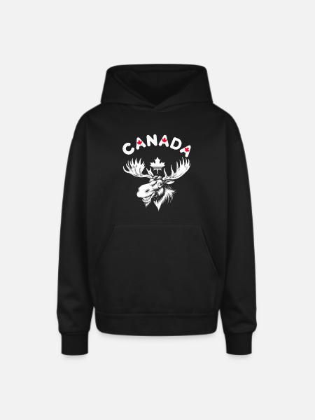 Canadian Moose with Maple Leaf Emblem - Oversized Hooded Sweatshirt - black