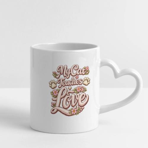 My Cat Teaches Love Faux Embroidery Style - Mug with Heart Handle