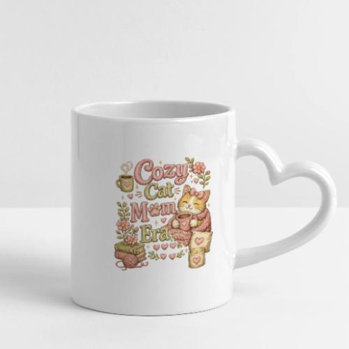 Cozy Cat Mom Era Faux Stitched Design - Mug with Heart Handle