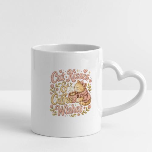 Cat Kisses & Coffee Wishes Faux Stitched - Mug with Heart Handle