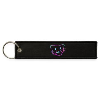 Minimalist Neon Cat Doodle - Neon Pastel Cat Face - Jet Tag Keychain - black - Front