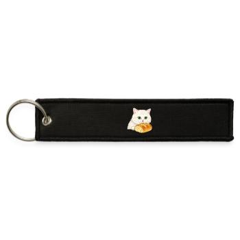 Cute Cat with Garlic Bread Illustration - Jet Tag Keychain - black - Front