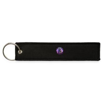 An owl with glowing neon blue and purple eyes - Jet Tag Keychain - black - Front