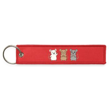 A charming trio of mice. Brown, gray and white. - Jet Tag Keychain - red - Front