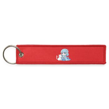 Cute Blue Hair Anime Girl with White Cat - Jet Tag Keychain - red - Front