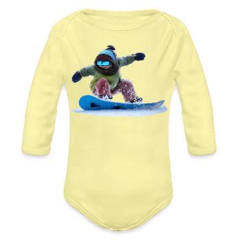 Backcountry Pop Deep Powder - Kawaii Snowboarder - Organic Long Sleeve Baby Bodysuit - washed yellow - Front