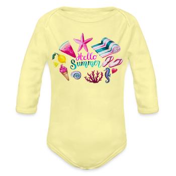 Vibrant Summer Beach Pattern - Organic Long Sleeve Baby Bodysuit - washed yellow - Front