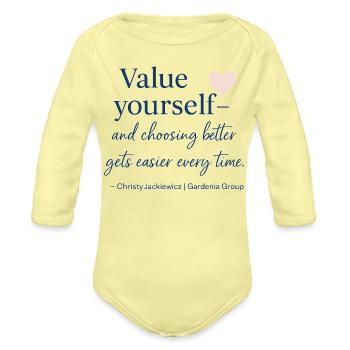 Value Yourself Heart Typography - Organic Long Sleeve Baby Bodysuit - washed yellow - Front