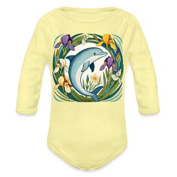 Dolphin in Iris Circle - Organic Long Sleeve Baby Bodysuit - washed yellow - Front
