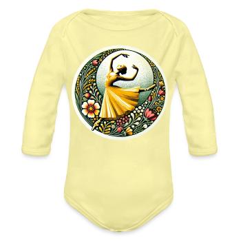 Golden Ballerina in Floral Circle - Organic Long Sleeve Baby Bodysuit - washed yellow - Front
