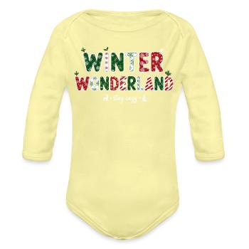 "Winter Wonderland" Festive Holiday Typography Art - Organic Long Sleeve Baby Bodysuit - washed yellow - Front