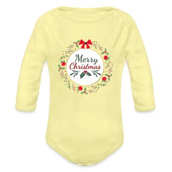Merry Christmas Wreath Round - Organic Long Sleeve Baby Bodysuit - washed yellow - Front