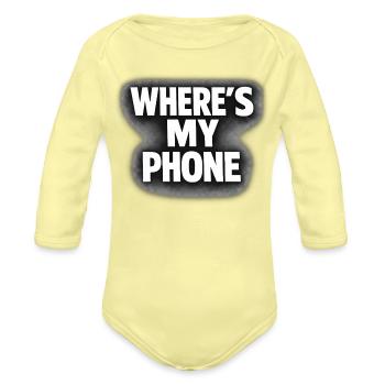 Where's My Phone - Organic Long Sleeve Baby Bodysuit - washed yellow - Front