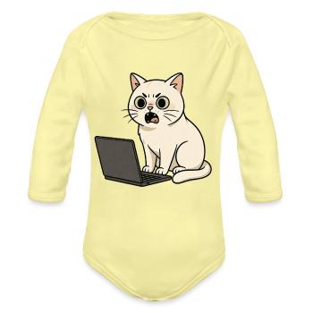 stressed cat in job - Organic Long Sleeve Baby Bodysuit - washed yellow - Front