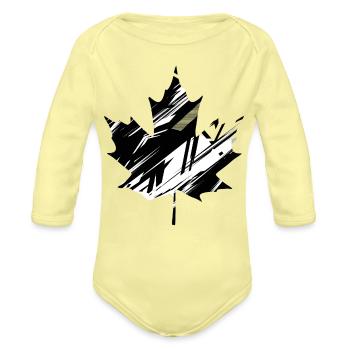 Monochrome Brush Maple Leaf - Organic Long Sleeve Baby Bodysuit - washed yellow - Front