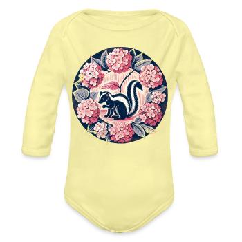 Hydrangea Circle Skunk Motif - Organic Long Sleeve Baby Bodysuit - washed yellow - Front