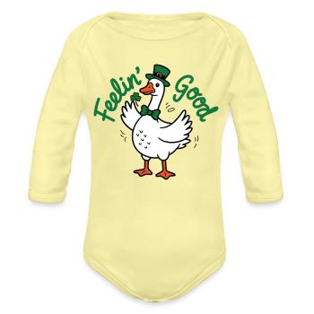 Feelin' Good Leprechaun Duck - Organic Long Sleeve Baby Bodysuit - washed yellow - Front