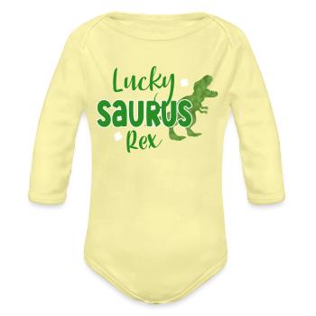 Lucky Saurus Rex - Organic Long Sleeve Baby Bodysuit - washed yellow - Front
