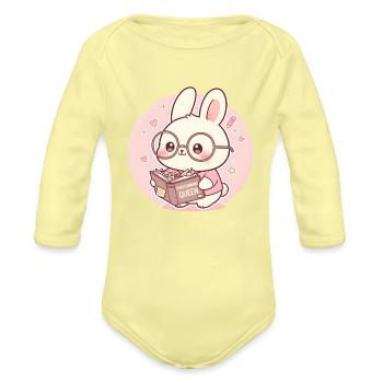 Overthinking Queen Bunny Reading - Organic Long Sleeve Baby Bodysuit - washed yellow - Front