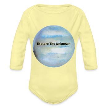 Explore The Unknown Watercolor Badge - Organic Long Sleeve Baby Bodysuit - washed yellow - Front