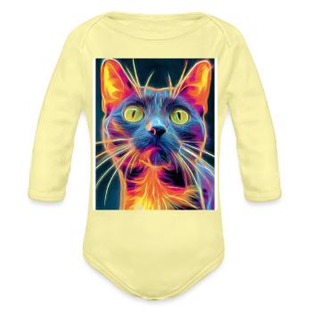 Neon Cat Portrait - Organic Long Sleeve Baby Bodysuit - washed yellow - Front