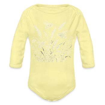 Bees in Meadow Grass - Organic Long Sleeve Baby Bodysuit - washed yellow - Front