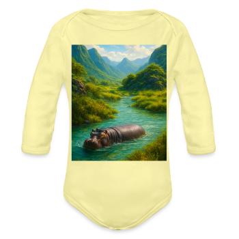 Hippo of Verdant River Valley - Organic Long Sleeve Baby Bodysuit - washed yellow - Front