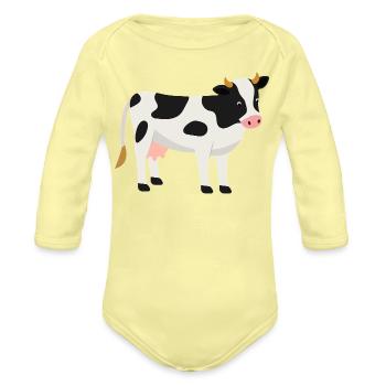 Cute Black and White Spotted Dairy Cow - Organic Long Sleeve Baby Bodysuit - washed yellow - Front