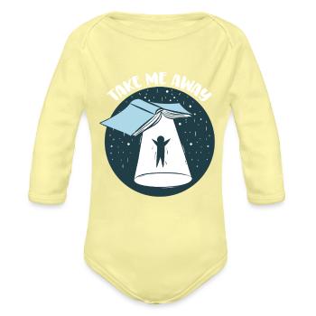 Funny Book Lover UFO Take Me Away Book Club Book - Organic Long Sleeve Baby Bodysuit - washed yellow - Front