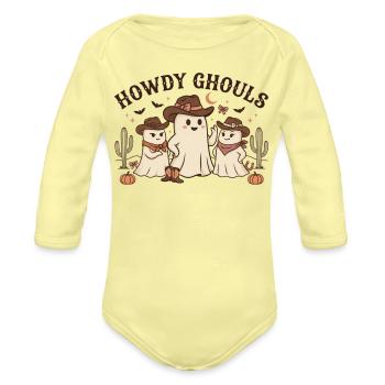 Howdy Ghouls – Cute Cowgirl Ghost Halloween - Organic Long Sleeve Baby Bodysuit - washed yellow - Front