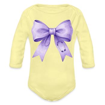 Purple Stethoscope Bow Design - Organic Long Sleeve Baby Bodysuit - washed yellow - Front