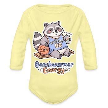 Benchwarmer Energy - Cute Raccoon Basketball - Organic Long Sleeve Baby Bodysuit - washed yellow - Front
