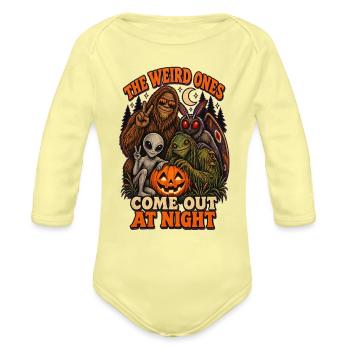 The Weird Ones Come Out at Night Cryptids - Organic Long Sleeve Baby Bodysuit - washed yellow - Front