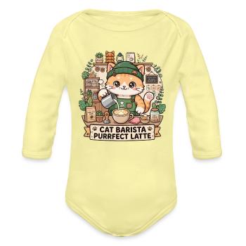 Cat Barista Purrfect Latte - Organic Long Sleeve Baby Bodysuit - washed yellow - Front