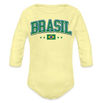 Brasil Varsity Style (Vintage Brazilcore Trend) - Organic Long Sleeve Baby Bodysuit - washed yellow - Front