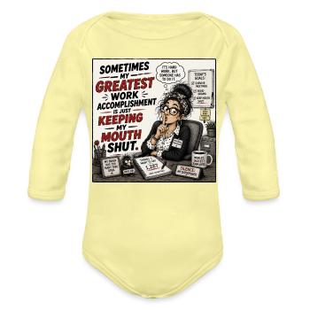 Keeping My Mouth Shut at Work - Organic Long Sleeve Baby Bodysuit - washed yellow - Front