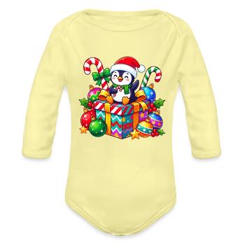 Penguin Santa on Colorful Gift - Organic Long Sleeve Baby Bodysuit - washed yellow - Front
