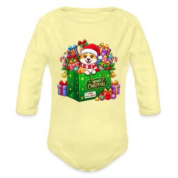 Corgi in Gift Bag Christmas - Organic Long Sleeve Baby Bodysuit - washed yellow - Front