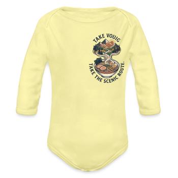 Ramen Mountain Scenic Route Funny Food T-Shirt - Organic Long Sleeve Baby Bodysuit - washed yellow - Front