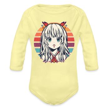 Retro Neon Anime Girl in Sunset Stripes - Organic Long Sleeve Baby Bodysuit - washed yellow - Front