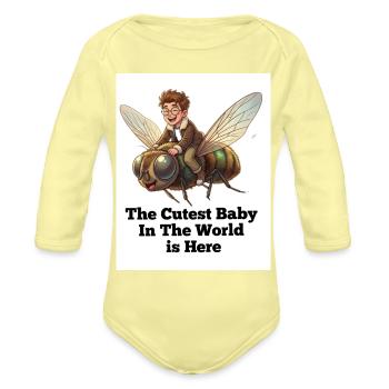 The Cutest Baby In The World Is Here - Funny Bee R - Organic Long Sleeve Baby Bodysuit - washed yellow - Front