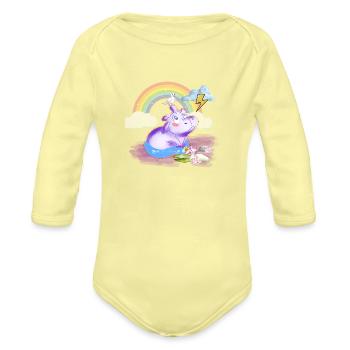 SAFARI BABY HIPPO NURSERY WATERCOLOR - Organic Long Sleeve Baby Bodysuit - washed yellow - Front